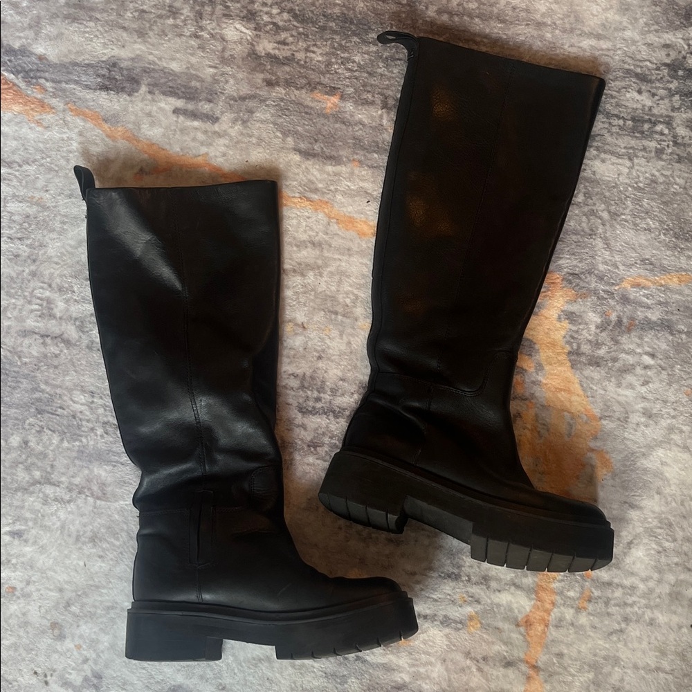 Black Knee-High Platform Waterproof Leather Boots